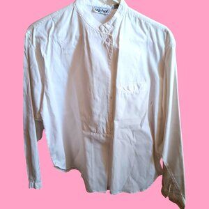 Vintage Women's Blouse Small 80's Michel White Long Sleeve Mandarin Collar Shirt